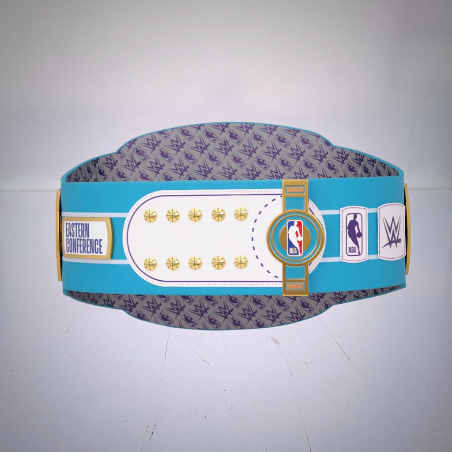 Close-up of the Charlotte Hornets WWE NBA Legacy Championship Belt.